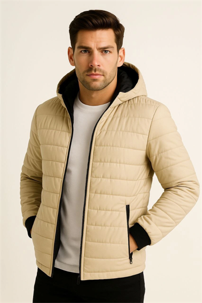 Erkek Şişme Kapüşonlu Fermuarlı Mont Su Itici Kapitone Astarlı Kumaş Cepli Kışlık Rahat Kalıp - Bej
