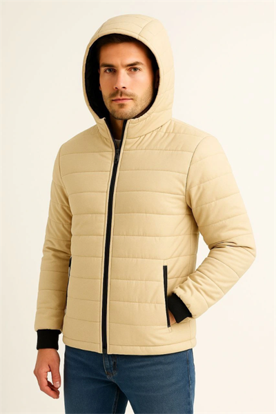 Erkek Şişme Kapüşonlu Fermuarlı Mont Su Itici Kapitone Astarlı Kumaş Cepli Kışlık Rahat Kalıp - Bej