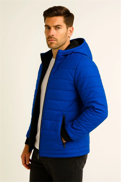 Erkek Şişme Kapüşonlu Fermuarlı Mont Su Itici Kapitone Astarlı Kumaş Cepli Kışlık Rahat Kalıp - Saks Mavisi