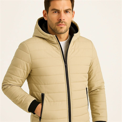 Erkek Şişme Kapüşonlu Fermuarlı Mont Su Itici Kapitone Astarlı Kumaş Cepli Kışlık Rahat Kalıp - Bej