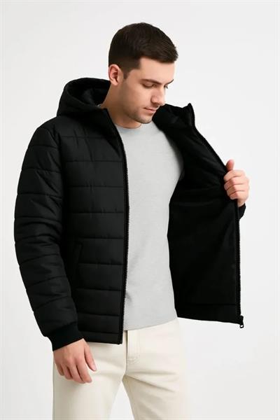 Erkek Şişme Kapüşonlu Fermuarlı Mont Su Itici Kapitone Astarlı Kumaş Cepli Kışlık Rahat Kalıp - Siyah