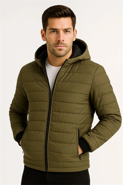 Erkek Şişme Kapüşonlu Fermuarlı Mont Su Itici Kapitone Astarlı Kumaş Cepli Kışlık Rahat Kalıp - Haki