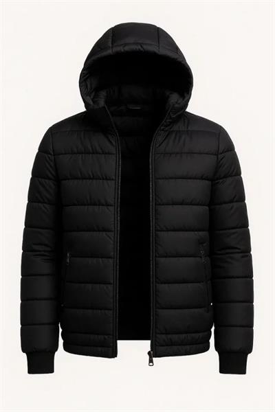 Erkek Şişme Kapüşonlu Fermuarlı Mont Su Itici Kapitone Astarlı Kumaş Cepli Kışlık Rahat Kalıp - Siyah