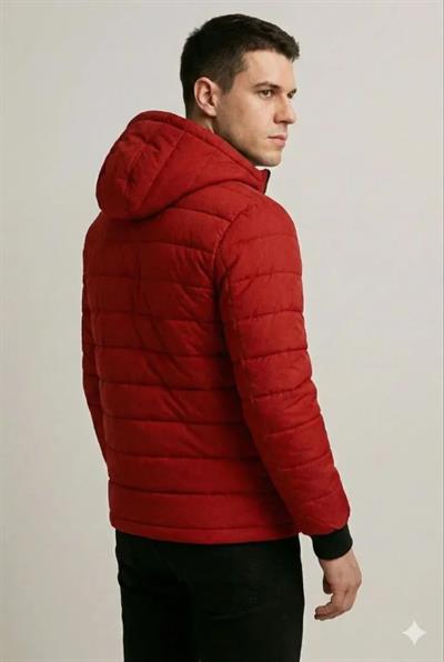 Erkek Şişme Kapüşonlu Fermuarlı Mont Su Itici Kapitone Astarlı Kumaş Cepli Kışlık Rahat Kalıp - Kırmızı