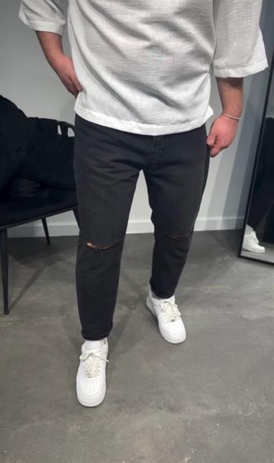 Erkek Siyah Dizi Yırtık Boyfriend Jean