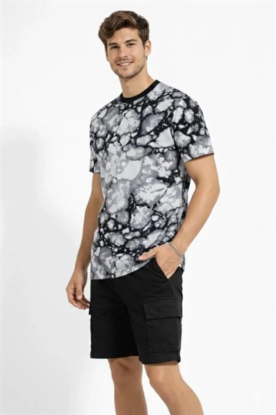 Erkek Siyah Gri Taş Desenli Tişört – Regular Fit, Bisiklet Yaka, Dijital Baskılı Modern Tasarım T-Shirt - Siyah