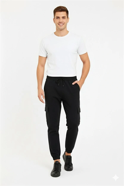 Erkek Siyah Jogger Eşofman Altı Rahat Kalıp, Kargo Cepli, Lastikli Paça, Günlük Spor Pantolon - Siyah