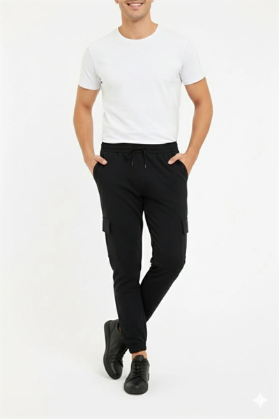 Erkek Siyah Jogger Eşofman Altı Rahat Kalıp, Kargo Cepli, Lastikli Paça, Günlük Spor Pantolon - Siyah