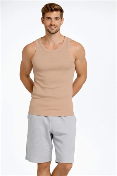 Erkek Spor Fitilli Atlet 2li Set Kahverengi Ve Beyaz Slim Fit Kaşkorse Arka Baskılı Spor Atlet