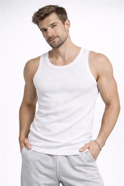 Erkek Spor Fitilli Atlet 3lü Set Beyaz, Siyah Ve Kahverengi Slim Fit Kaşkorse Arka Baskılı Spor Atlet