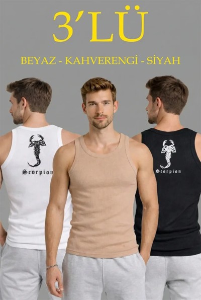 Erkek Spor Fitilli Atlet 3lü Set Beyaz, Siyah Ve Kahverengi Slim Fit Kaşkorse Arka Baskılı Spor Atlet