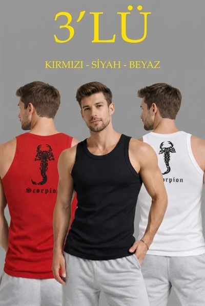 Erkek Spor Fitilli Atlet 3lü Set Kırmızı, Siyah Ve Beyaz Slim Fit Kaşkorse Arka Baskılı Spor Atlet