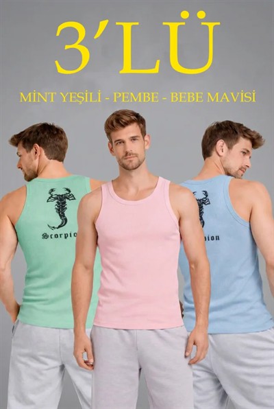 Erkek Spor Fitilli Atlet 3lü Set Mint Yeşili, Pembe Ve Bebek Mavisi Slim Fit Kaşkorse Arka Baskılı Spor Atlet