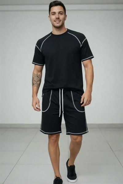 Erkek Spor Tişört Şort Takım Kontrast Dikiş Detaylı Ovarsize Rahat Kalıp - Siyah