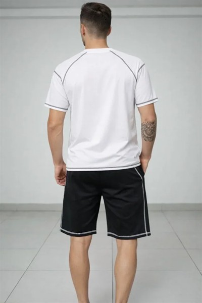 Erkek Spor Tişört Şort Takım Kontrast Dikiş Detaylı Ovarsize Rahat Kalıp - Beyaz