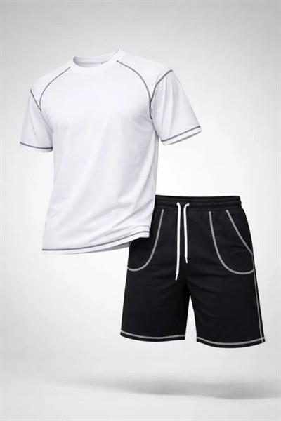 Erkek Spor Tişört Şort Takım Kontrast Dikiş Detaylı Ovarsize Rahat Kalıp - Beyaz