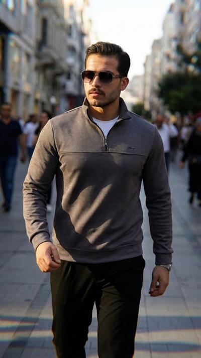 Erkek Süet Yarım Fermuar Dik Yaka Sweat