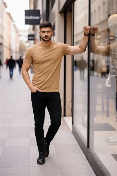 Erkek T-Shirt Bisiklet Yaka Slim Fit Dar Kesim Likralı Tişört Günlük Basic Body - Kahverengi