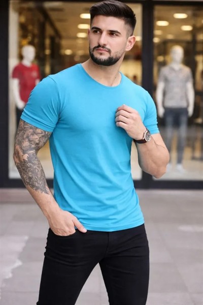 Erkek T-Shirt Bisiklet Yaka Slim Fit Dar Kesim Likralı Tişört Günlük Basic Body - Açık Mavi