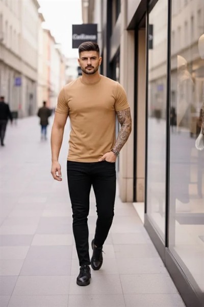 Erkek T-Shirt Bisiklet Yaka Slim Fit Dar Kesim Likralı Tişört Günlük Basic Body - Kahverengi