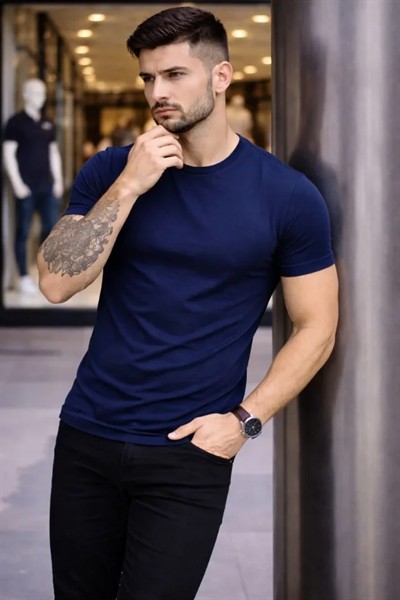 Erkek T-Shirt Bisiklet Yaka Slim Fit Dar Kesim Likralı Tişört Günlük Basic Body - Lacivert