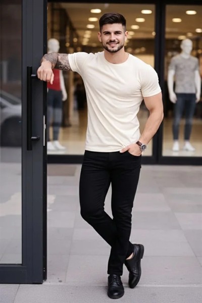 Erkek T-Shirt Bisiklet Yaka Slim Fit Dar Kesim Likralı Tişört Günlük Basic Body - Taş