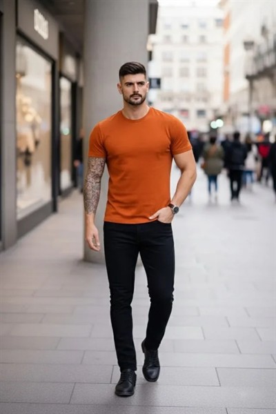 Erkek T-Shirt Bisiklet Yaka Slim Fit Dar Kesim Likralı Tişört Günlük Basic Body - Koyu Turuncu