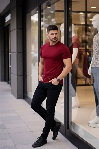 Erkek T-Shirt Bisiklet Yaka Slim Fit Dar Kesim Likralı Tişört Günlük Basic Body - Bordo