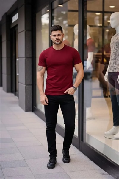 Erkek T-Shirt Bisiklet Yaka Slim Fit Dar Kesim Likralı Tişört Günlük Basic Body - Bordo