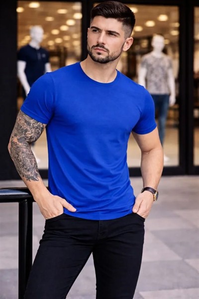 Erkek T-Shirt Bisiklet Yaka Slim Fit Dar Kesim Likralı Tişört Günlük Basic Body - Saks Mavisi