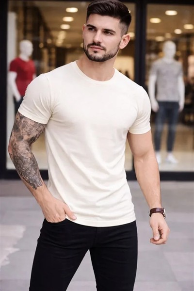 Erkek T-Shirt Bisiklet Yaka Slim Fit Dar Kesim Likralı Tişört Günlük Basic Body - Taş