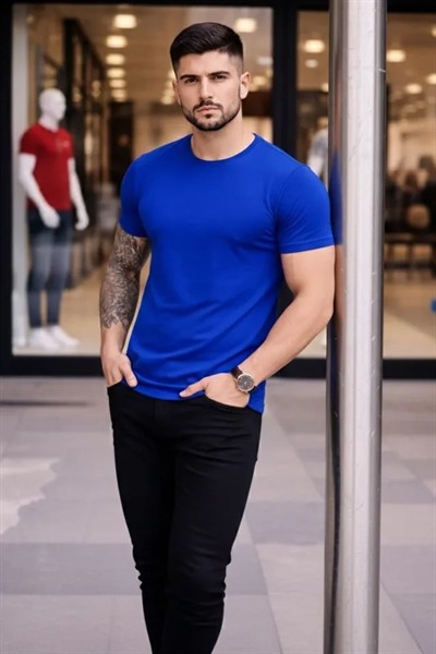 Erkek T-Shirt Bisiklet Yaka Slim Fit Dar Kesim Likralı Tişört Günlük Basic Body - Saks Mavisi