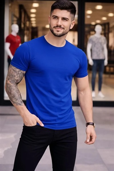 Erkek T-Shirt Bisiklet Yaka Slim Fit Dar Kesim Likralı Tişört Günlük Basic Body - Saks Mavisi