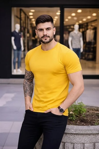 Erkek T-Shirt Bisiklet Yaka Slim Fit Dar Kesim Likralı Tişört Günlük Basic Body - Sarı