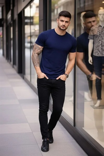 Erkek T-Shirt Bisiklet Yaka Slim Fit Dar Kesim Likralı Tişört Günlük Basic Body - Lacivert