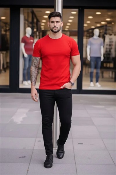 Erkek T-Shirt Bisiklet Yaka Slim Fit Dar Kesim Likralı Tişört Günlük Basic Body - Kırmızı