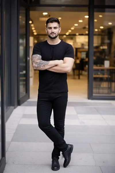 Erkek T-Shirt Bisiklet Yaka Slim Fit Dar Kesim Likralı Tişört Günlük Basic Body - Siyah