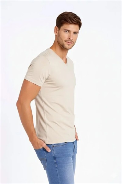 Erkek T-Shirt V Yaka Slim Fit Dar Kesim Likralı Tişört Günlük Basic Body - Taş