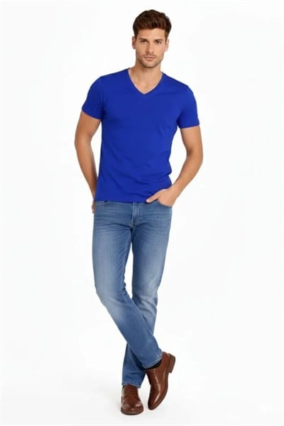 Erkek T-Shirt V Yaka Slim Fit Dar Kesim Likralı Tişört Günlük Basic Body - Saks Mavisi