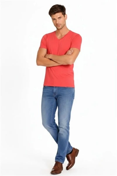 Erkek T-Shirt V Yaka Slim Fit Dar Kesim Likralı Tişört Günlük Basic Body - Nar Çiçeği