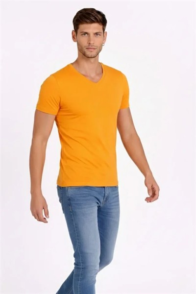 Erkek T-Shirt V Yaka Slim Fit Dar Kesim Likralı Tişört Günlük Basic Body - Sarı