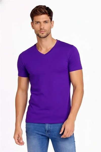 Erkek T-Shirt V Yaka Slim Fit Dar Kesim Likralı Tişört Günlük Basic Body - Mor
