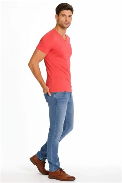 Erkek T-Shirt V Yaka Slim Fit Dar Kesim Likralı Tişört Günlük Basic Body - Nar Çiçeği