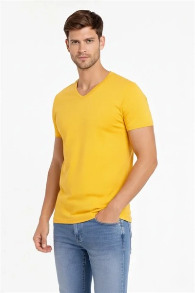 Erkek T-Shirt V Yaka Slim Fit Dar Kesim Likralı Tişört Günlük Basic Body - Limon