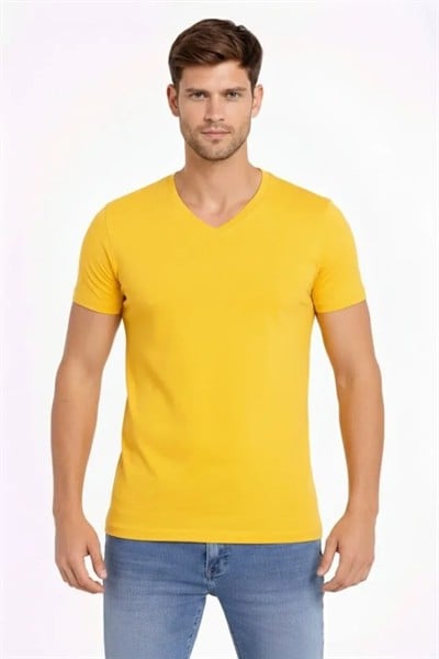 Erkek T-Shirt V Yaka Slim Fit Dar Kesim Likralı Tişört Günlük Basic Body - Limon