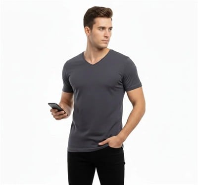 Erkek T-Shirt V Yaka Slim Fit Dar Kesim Likralı Tişört Günlük Basic Body - Füme