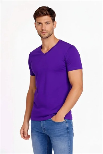 Erkek T-Shirt V Yaka Slim Fit Dar Kesim Likralı Tişört Günlük Basic Body - Mor