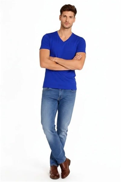 Erkek T-Shirt V Yaka Slim Fit Dar Kesim Likralı Tişört Günlük Basic Body - Saks Mavisi