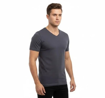 Erkek T-Shirt V Yaka Slim Fit Dar Kesim Likralı Tişört Günlük Basic Body - Füme