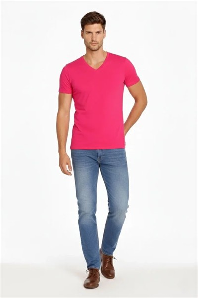 Erkek T-Shirt V Yaka Slim Fit Dar Kesim Likralı Tişört Günlük Basic Body - Pembe
